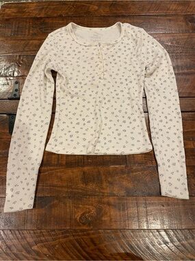 Pink Republic Cream Ribbed Henley with Small Blue Floral Pattern